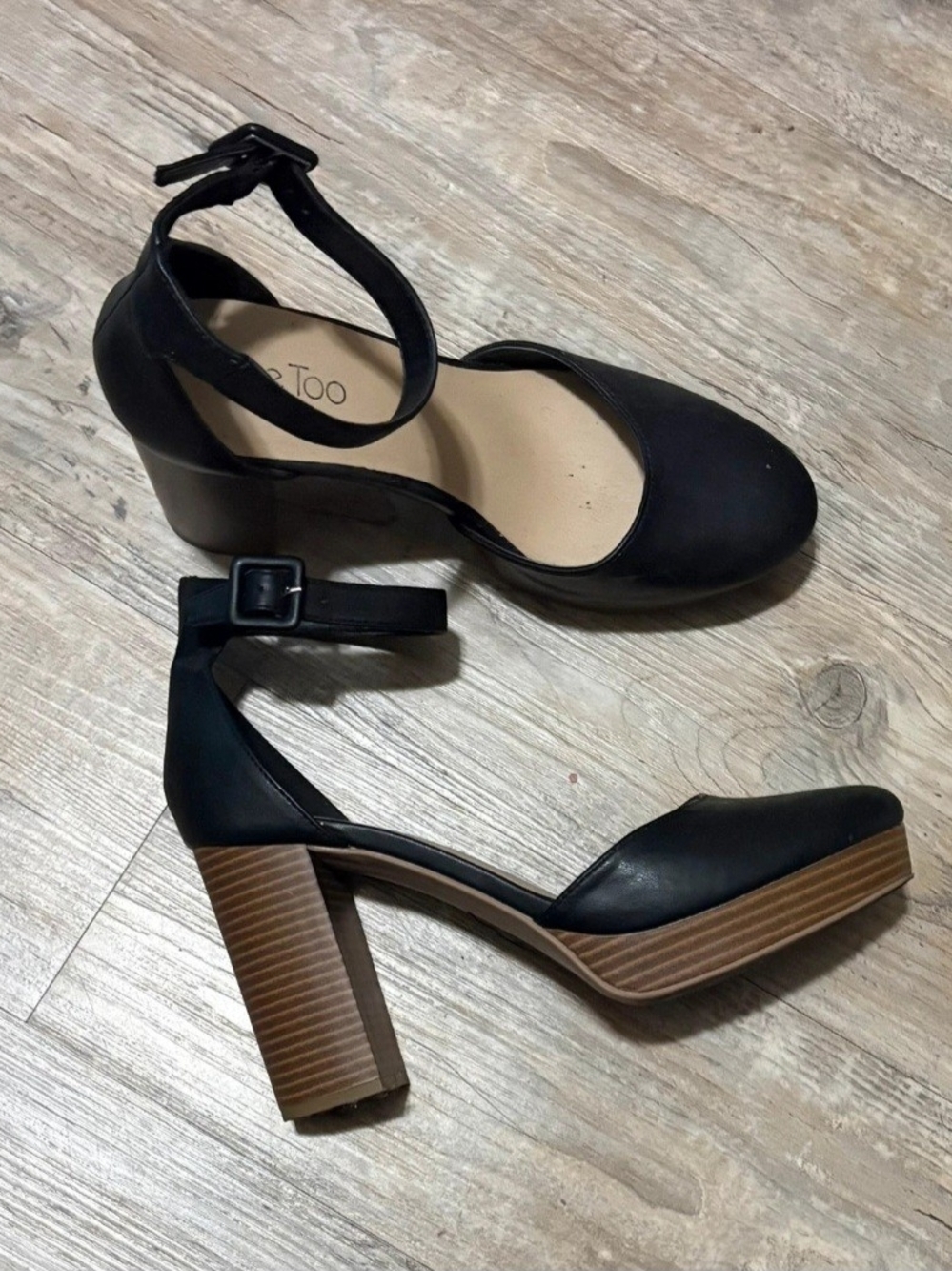 me too Black Ankle-Strap Block Heel with Wood-Look Platform